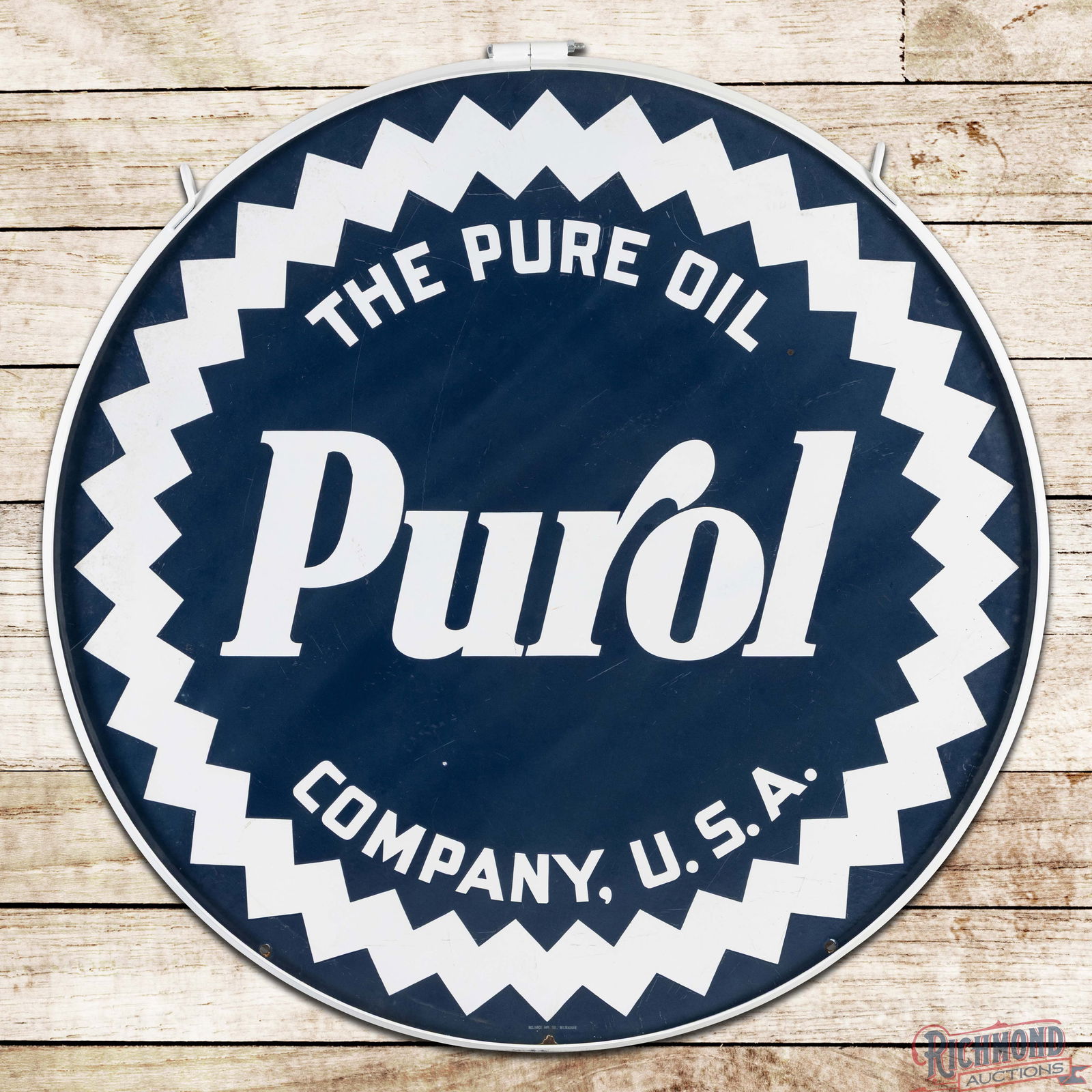 Purol The Pure Oil Company USA 42" Double Sided Porcelain Sign w/ Ring: DSP (Double Sided Porcelain) sign has very good color and gloss. The display has small factory imperfections with fine scratches and light wear in the outer fields. The perimeter has tiny chips at the