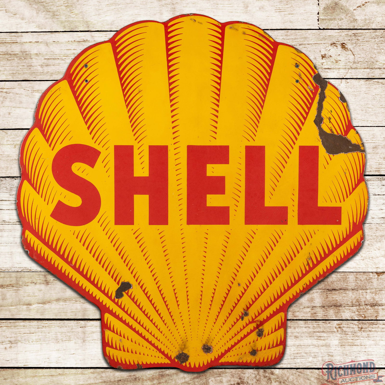 Shell Gasoline 48" Double Sided Porcelain "Shark Tooth" Service Station Sign: DSP (Double Sided Porcelain) die cut sign has good color and gloss. Side #1 has surface wear with chips in the outer fields. The perimeter has areas of porcelain loss and discoloration with a slight b