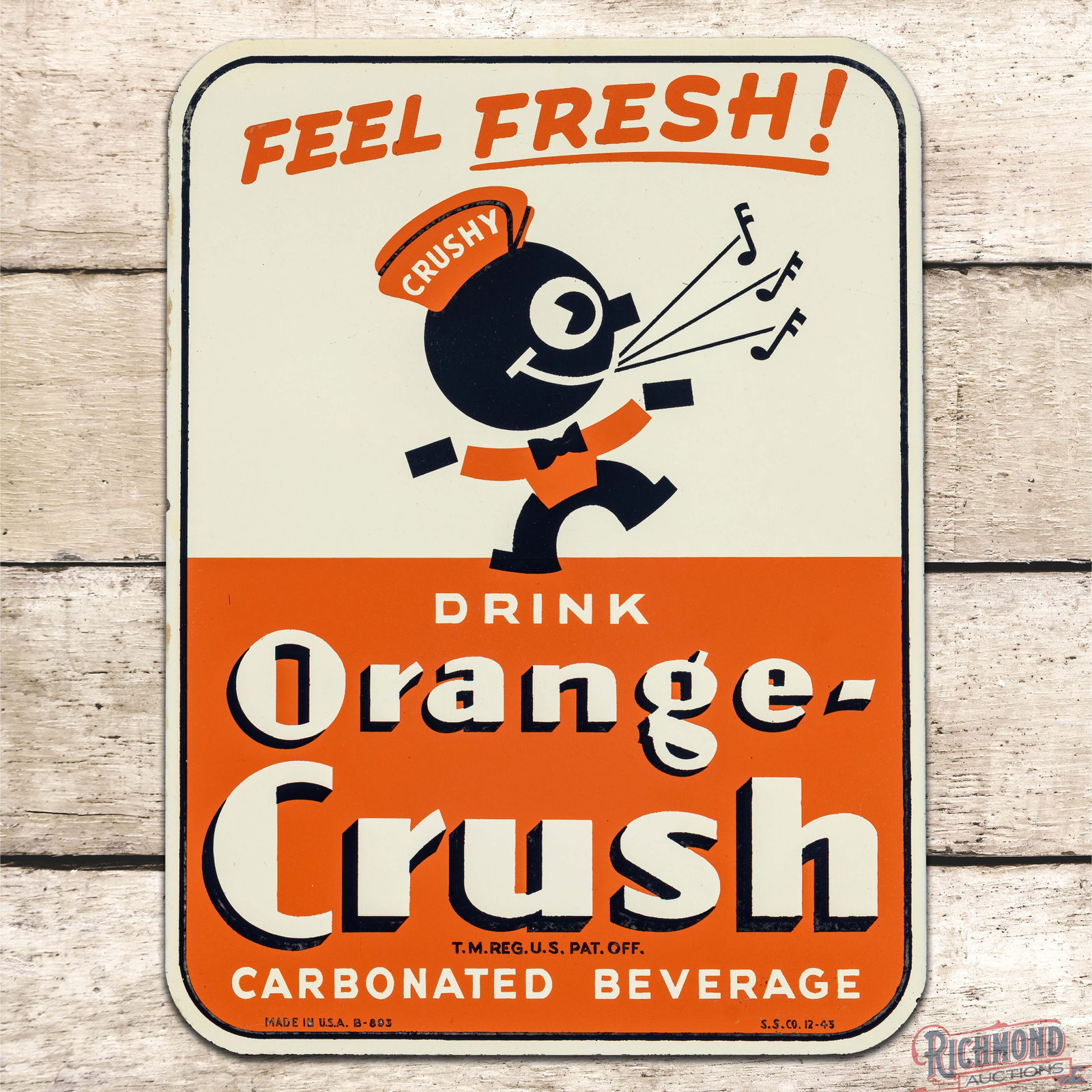 Fantastic 1940s Feel Fresh! Drink Orange Crush Single Sided Tin Sign w/ Crushy: SST (Single Sided Tin) sign has outstanding color and shine. The sign features classic Orange Crush colors with a large "Crushy" graphic in the field. The display is clean with light paper marks and