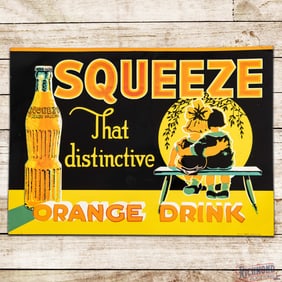 Outstanding Squeeze "That Distinctive" Orange Drink Emb. Single Sided Tin Sign w/ Kids & Bottle
