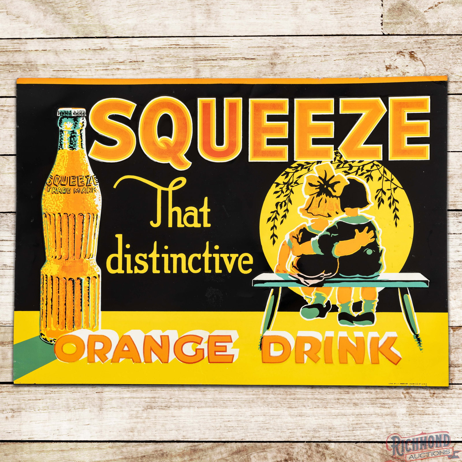 Outstanding Squeeze "That Distinctive" Orange Drink Emb. Single Sided Tin Sign w/ Kids & Bottle: SST (Single Sided Tin) embossed sign has excellent color and shine. The sign features brilliant colors with detailed graphics of the Squeeze kids and bottle in the left field. The display has light