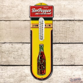 1939 Drink Dr. Pepper Good for Life! At 10 2 4 Emb. Single Sided Tin Thermometer w/ Bottle