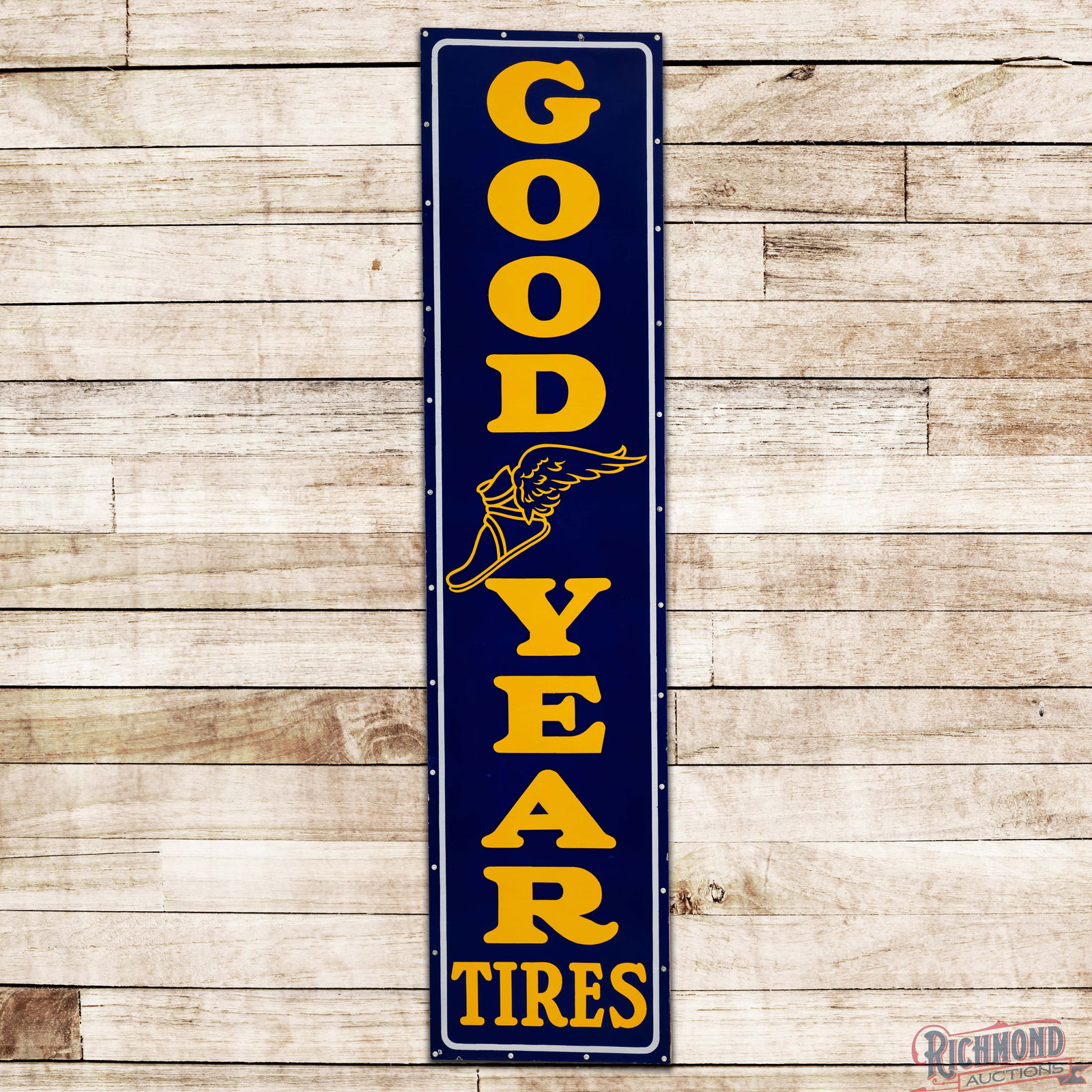 Impressive Goodyear Tires 8' Vertical Single Sided Porcelain Sign w/ Wingfoot Logo: SSP (Single Sided Porcelain) sign with an added wooden support frame has day one color and gloss. The fields are in exceptional condition with minor surface imperfections and one small color matched c