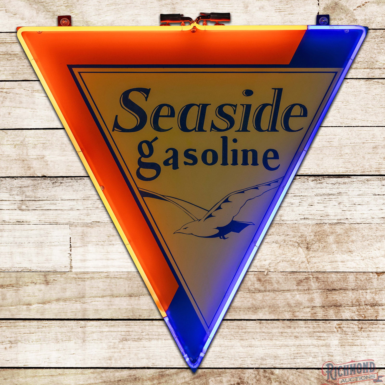 Seaside Gasoline 38" Die Cut Single Sided Porcelain Neon Sign w/ Seagull: SSP (Single Sided Porcelain) sign with added neon surround and a metal can has excellent color. The sign features two-color neon with classic Seaside porcelain enamel colors and Seagull graphics. The