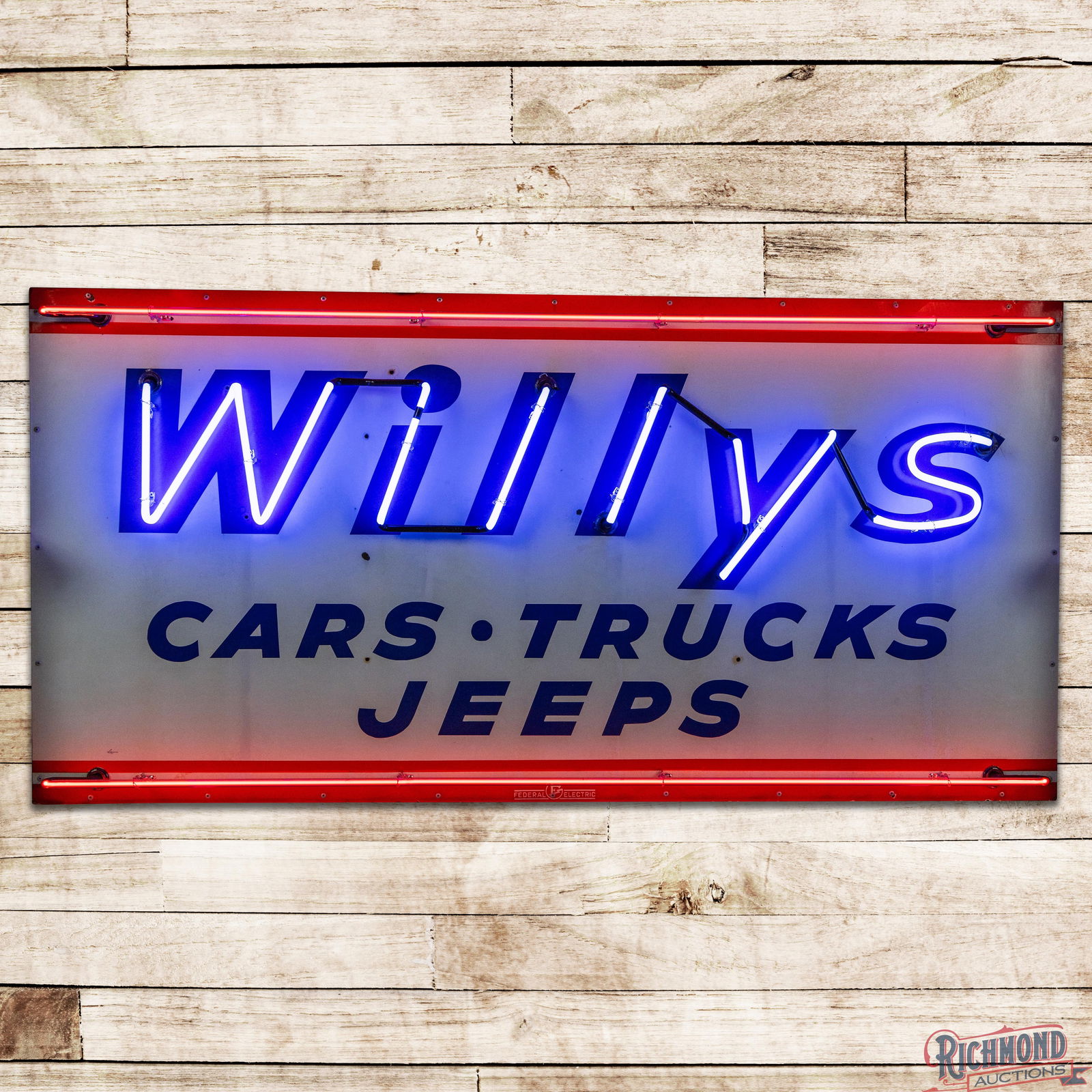 Willys Cars Trucks Jeeps 6' Single Sided Porcelain Factory Neon Sign: SSP (Single Sided Porcelain) factory neon sign with a new metal can has good color. The display has light wear with small chips, unused stand support holes and areas of cloudiness. The perimeter has s