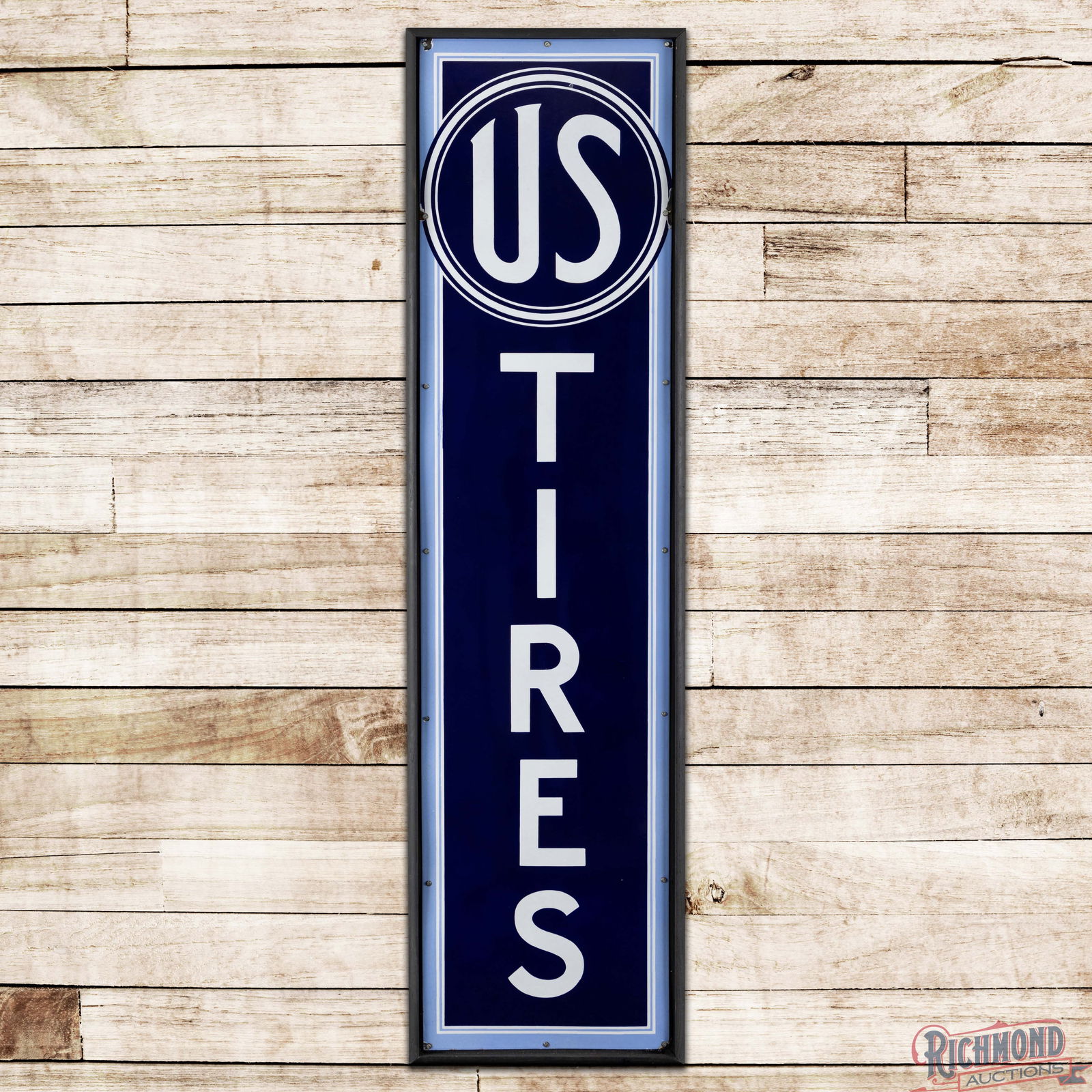 Outstanding US Tires Vertical Single Sided Porcelain Sign: SSP (Single Sided Porcelain) sign with an added wooden frame has excellent color and gloss. The field is exceptionally clean with a tiny eraser sized chip in the upper outer field. The perimeter has