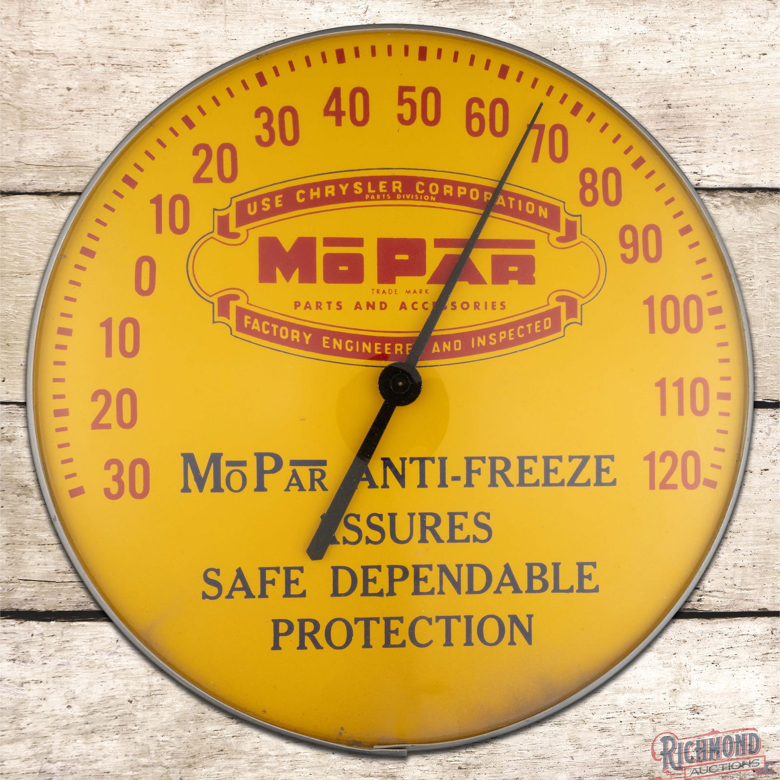 Rare Mopar Anti-Freeze Assures Safe Dependable Protection 12" Advertising Thermometer: Single-sided glass face thermometer has excellent color. The inner face is very clean overall with minor surface imperfections and discoloration in the lower outer fields and lower edges. The metal ca