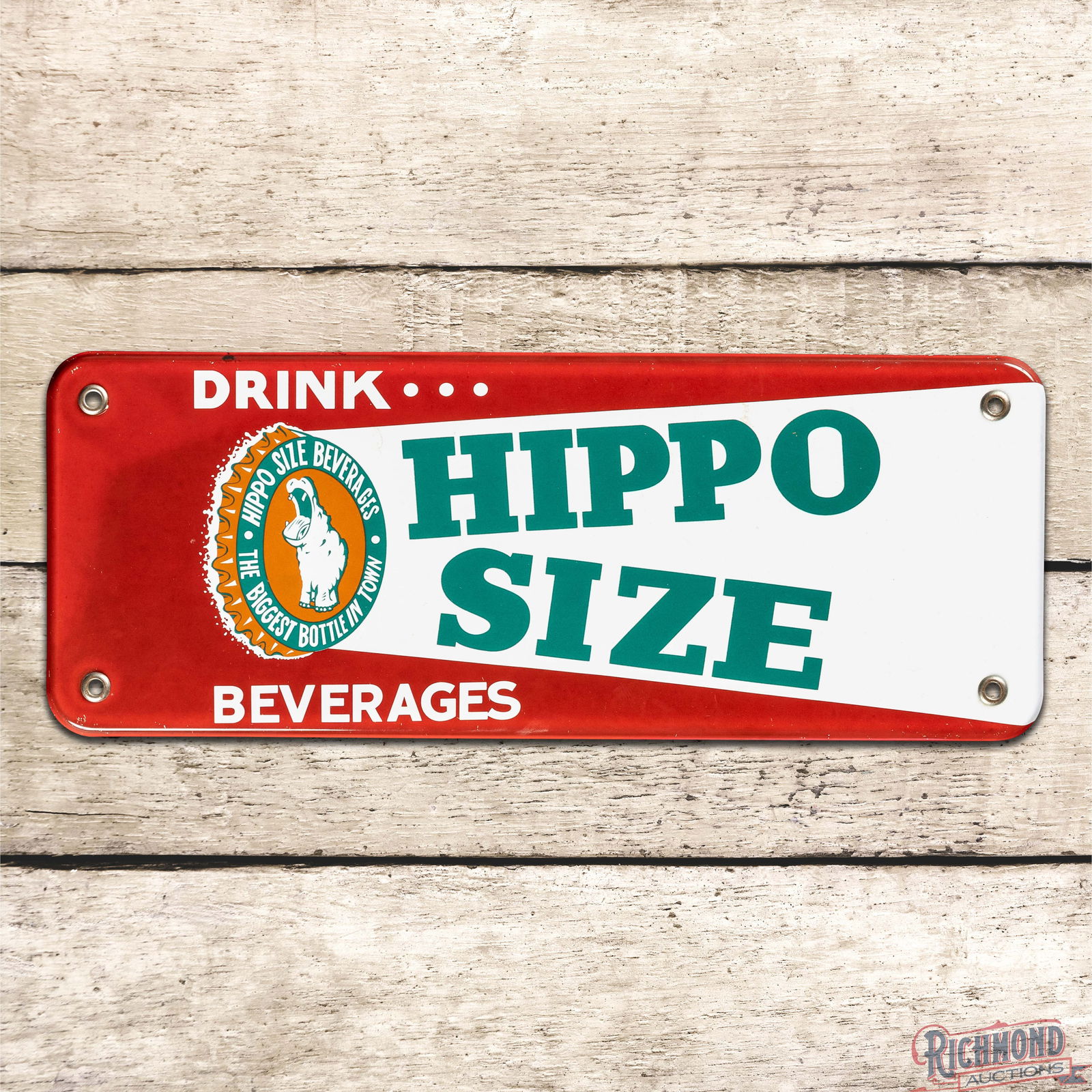 Superb Drink Hippo Size Beverages Single Sided Porcelain Cooler Sign w/ Logo: SSP (Single Sided Porcelain) cooler sign has excellent color and gloss. The field is clean. The perimeter has minor surface imperfections and discoloration. All four factory grommets are intact.
