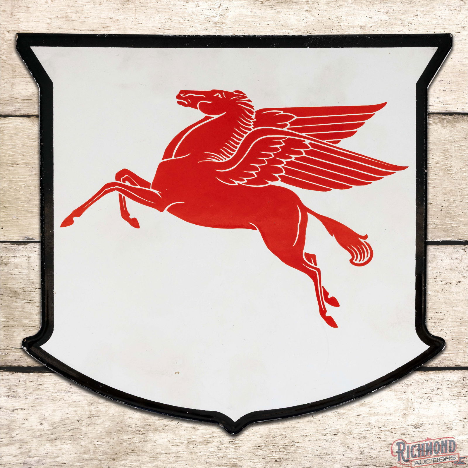 Rare Mobil West Coast Truck Door Die Cut 9" Single Sided Porcelain Sign w/ Pegasus: SSP (Single Sided Porcelain) die cut sign has excellent color. The Pegasus graphic is exceptionally clean and glossy. The white porcelain enamel has cloudiness with slight discoloration and a tiny