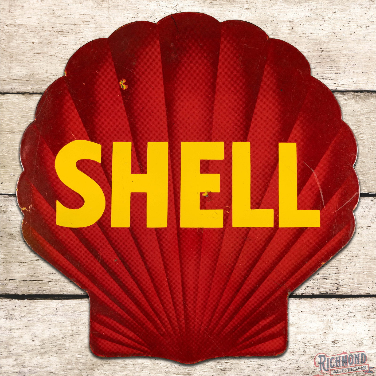 Rare Shell Motor Oils 24" Die Cut Single Sided Porcelain Sign: SSP (Single Sided Porcelain) sign has very good color and gloss. The display has fine scratches with chips in the lettering and outer fields. The perimeter has light edge wear with scuffs along the le