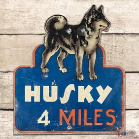 Husky Service Station 4 Miles Single Sided Tin Die Cut Reflective Road Sign w/ Dog