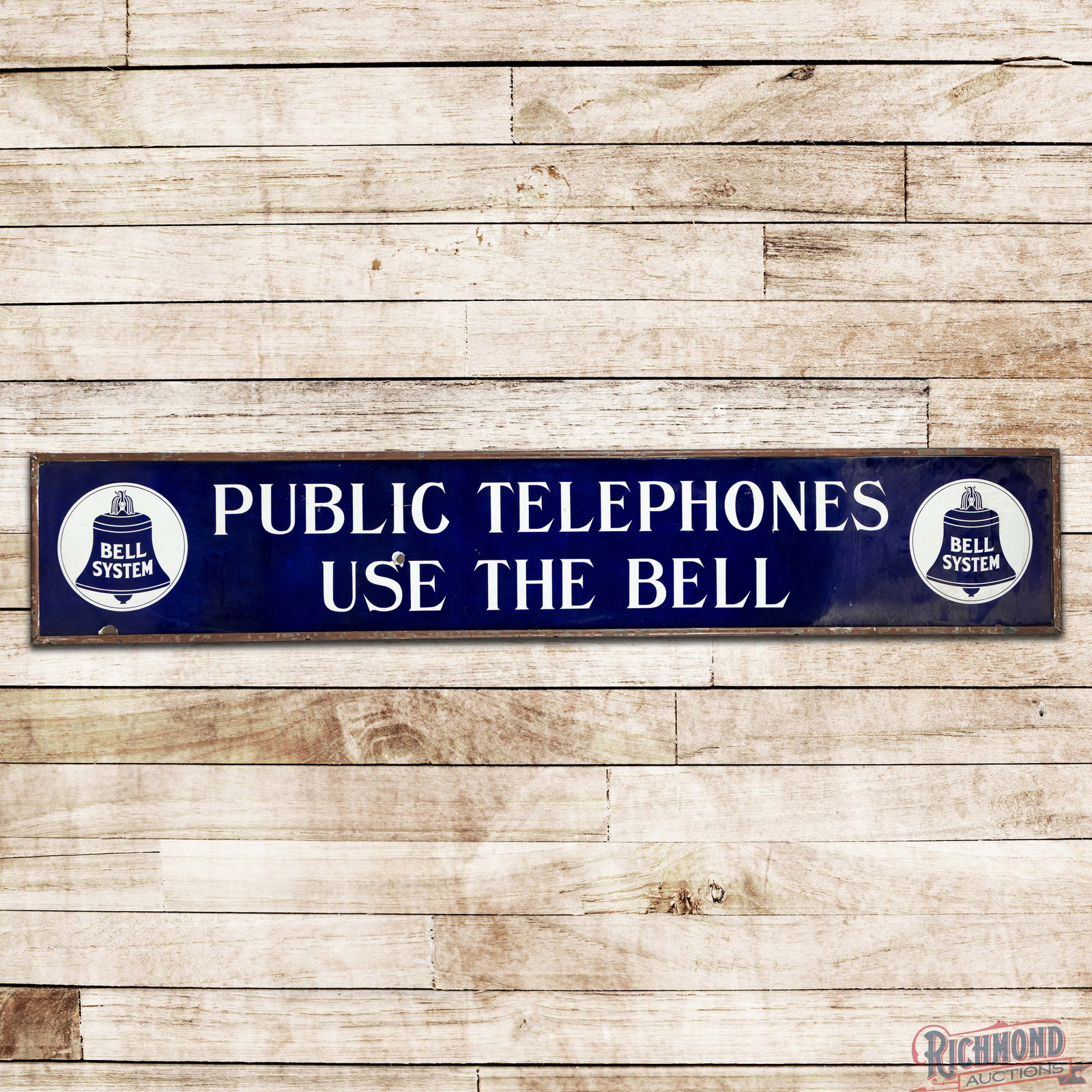 Large Bell System Public Telephones Use the Bell 8.5 Single Sided Porcelain Sign w/ Logo: Impressive SSP (Single Sided Porcelain) sign with a factory wooden frame has excellent color and gloss. The field exhibits light wear with a chip near the "S" in Use. The outer fields feature clean