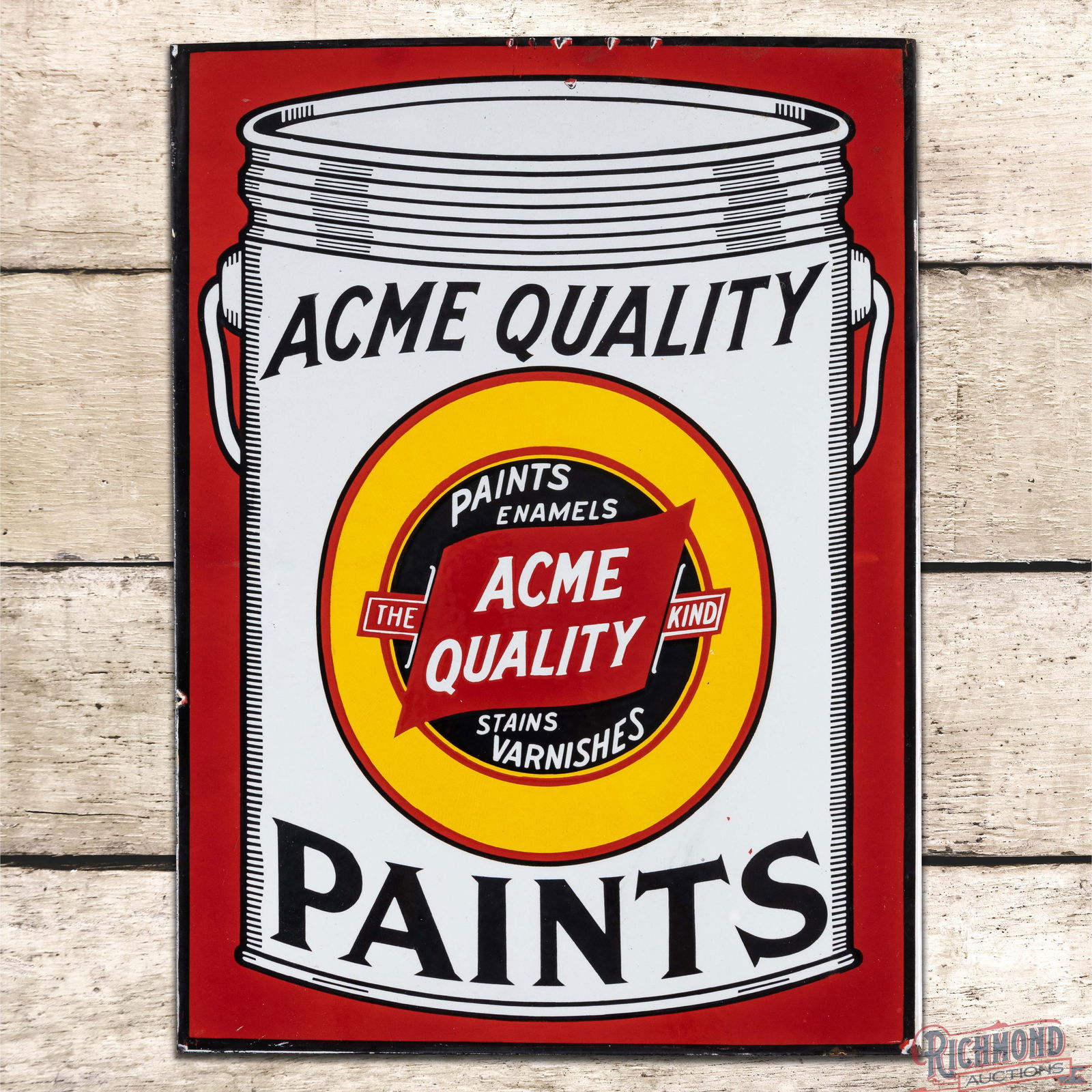 Impressive Acme Quality Paints Double Sided Porcelain Flange Sign w/ Logo: DSP (Double Sided Porcelain) flange has outstanding color and gloss. The display has a clean field with minor factory blemishes in the outer fields. The perimeter has small chips along the outer