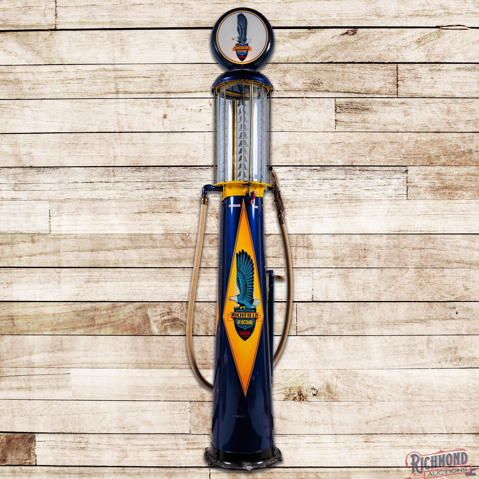 Butler Ten Gallon Visible Model #30 Gas Pump Restored Richfield Gasoline: Butler Model #30 ten gallon visible gas pump has been professionally restored. The pump features vibrant blue and yellow paint with high gloss throughout. The finish is exceptionally clean with minor