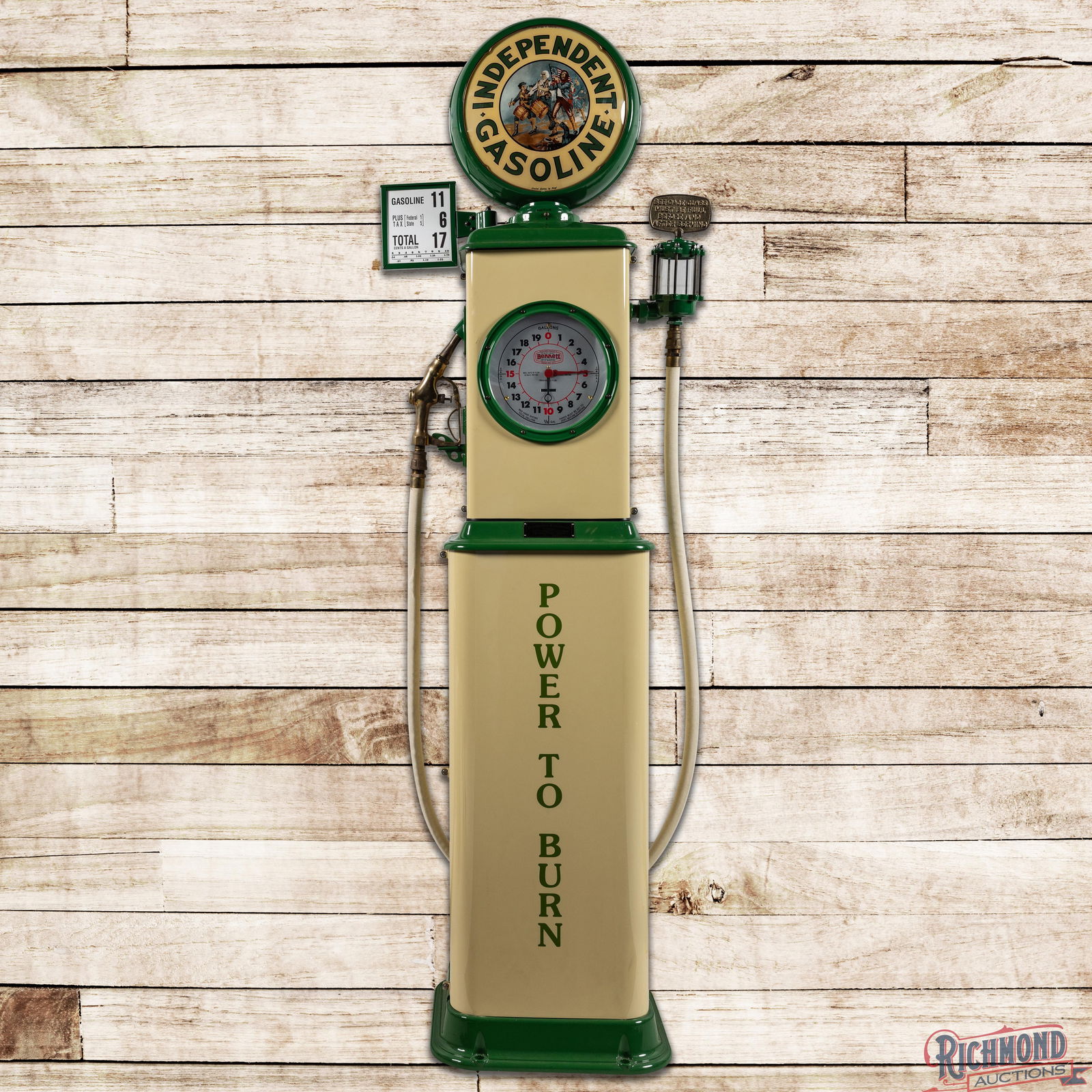 Bennett Model #150 Clockface Gas Pump Restored Independent Gasoline "Power to Burn": Bennett Model #150 clockface gas pump has been professionally restored. The pump features bright, glossy paint throughout with "Power to Burn" decals on the pump doors. The finish is exceptionally