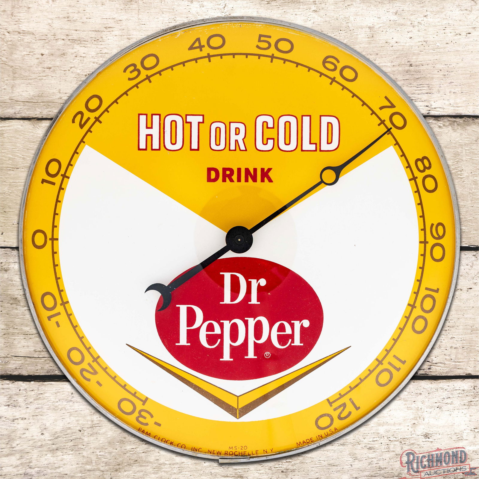 Dr. Pepper Drink Hot or Cold 12" Pam Advertising Thermometer w/ Logo: 12" Pam glass-faced thermometer has excellent color. The inner face is clean with a few tiny paint chips and other minor imperfections. The thermometer can has been replaced. It is in very good condit