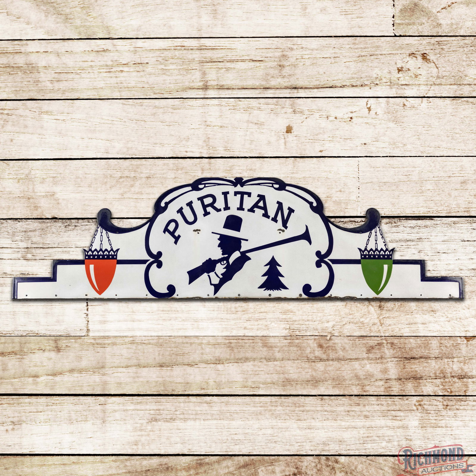 Puritan Die Cut Single Sided Porcelain Marquee Sign w/ Logo: SSP (Single Sided Porcelain) die cut sign has good color and gloss. The display has small chips at the mounting holes with slight discoloration to the white porcelain enamel. The perimeter has small c