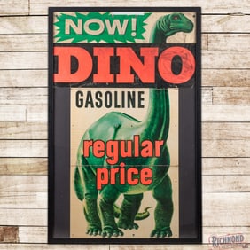 Sinclair Gasoline Now! Regular Price Framed Cardboard Advertising Banner Sign w/ Large Dino