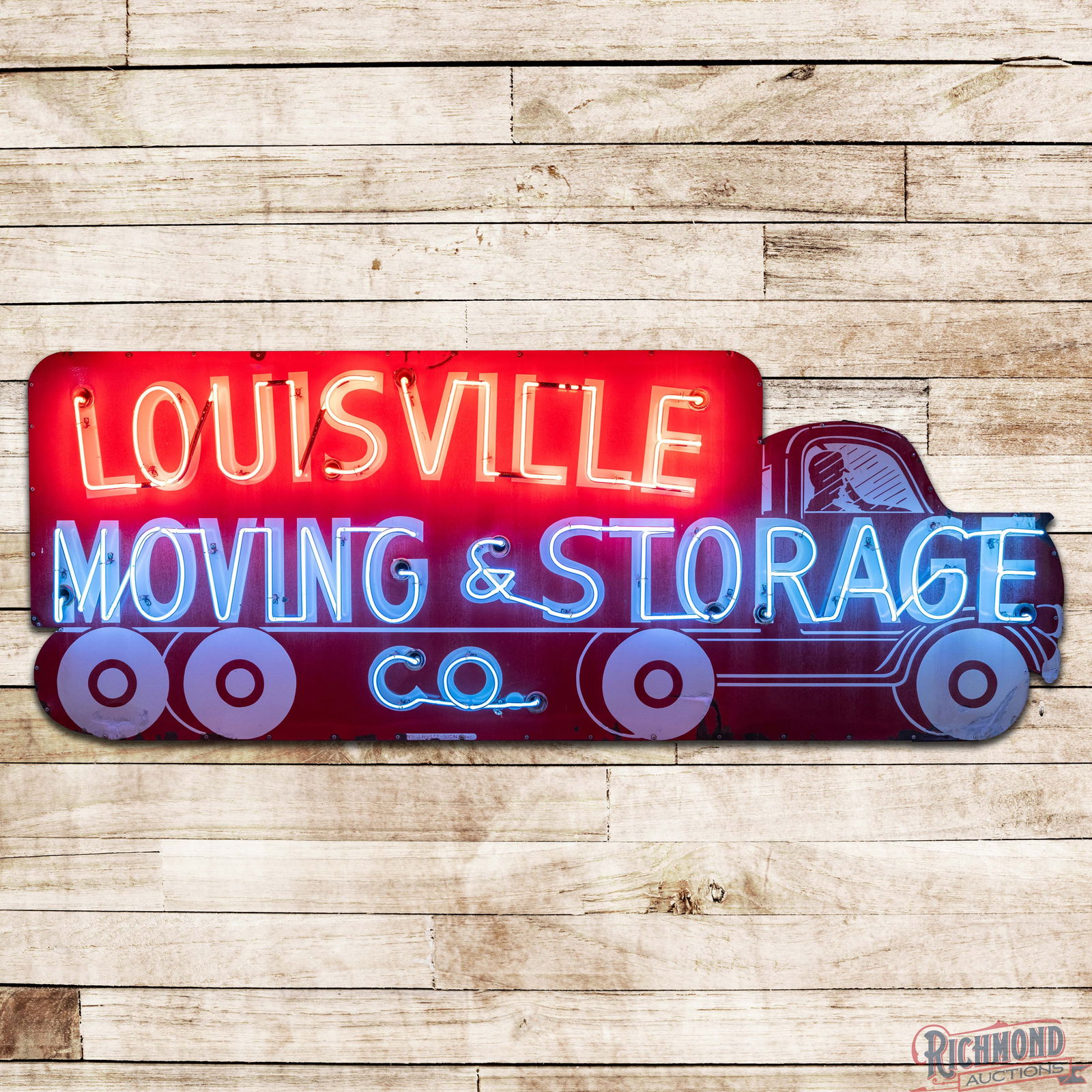 Amazing Louisville Moving & Storage co. Die Cut Double Sided Porcelain Neon Sign: DSP (Double Sided Porcelain) die cut factory neon sign with the original metal can has good color. Side #1 has small chips in the left field with minor surface imperfections and areas of cloudiness an