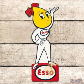 NOS Esso Oil Drop Girl Die Cut Single Sided Tin Sign w/ Logo