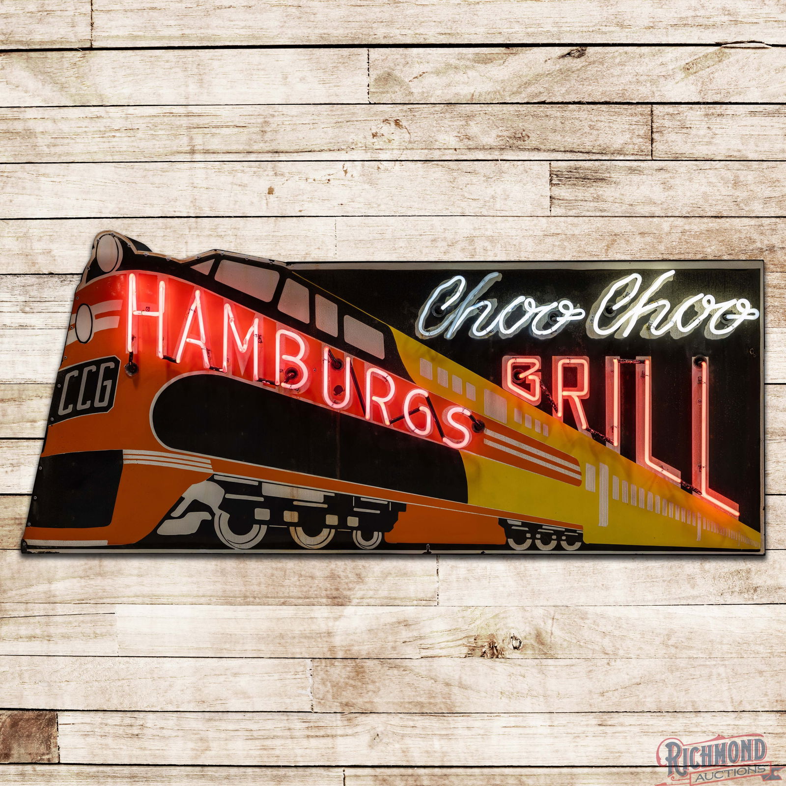 Impressive Hamburgs Choo Choo Grill Factory Neon Sign w/ Locomotive: SSP (Single Sided Porcelain) die cut factory neon sign with metal can has very good color and gloss. The sign features four-color porcelain enamel with sequenced flashing "Choo Choo" lettering. The di