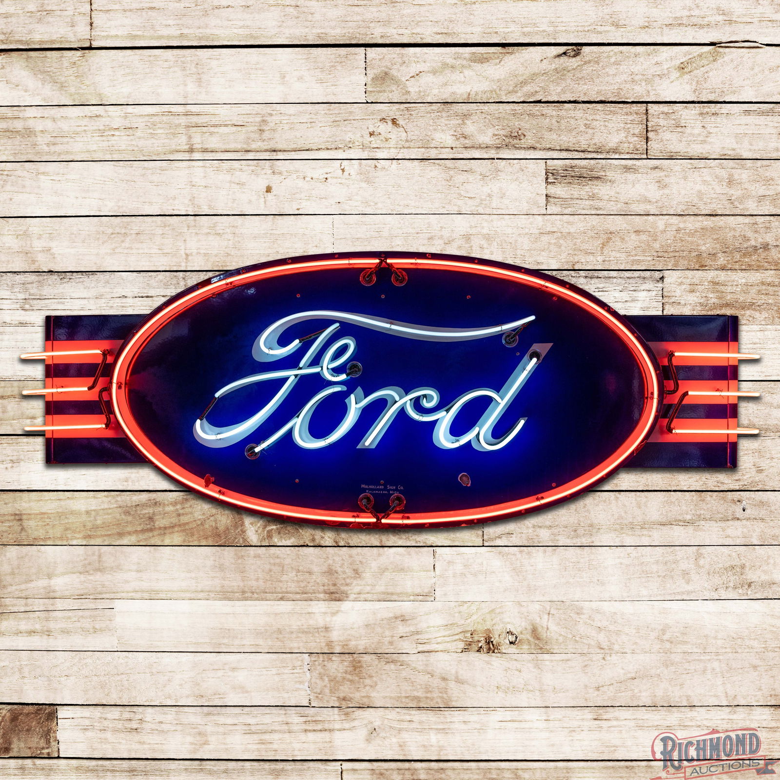 Excellent Ford Automobiles 8' Double Sided Porcelain Factory Neon Sign w/ Wings: DSP (Double Sided Porcelain) multipiece factory neon sign with the original can has excellent color and gloss. Side #1 has a clean field with faint cloudiness in the left field and small chips in the