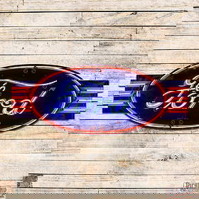 Excellent Ford Automobiles 8' Double Sided Porcelain Factory Neon Sign w/ Wings: DSP (Double Sided Porcelain) multipiece factory neon sign with the original can has excellent color and gloss. Side #1 has a clean field with faint cloudiness in the left field and small chips in the
