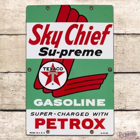 Amazing 1960 Sky Chief Supreme Gasoline Super-Charger Petrox SS Porcelain Pump Plate Sign "Medium"
