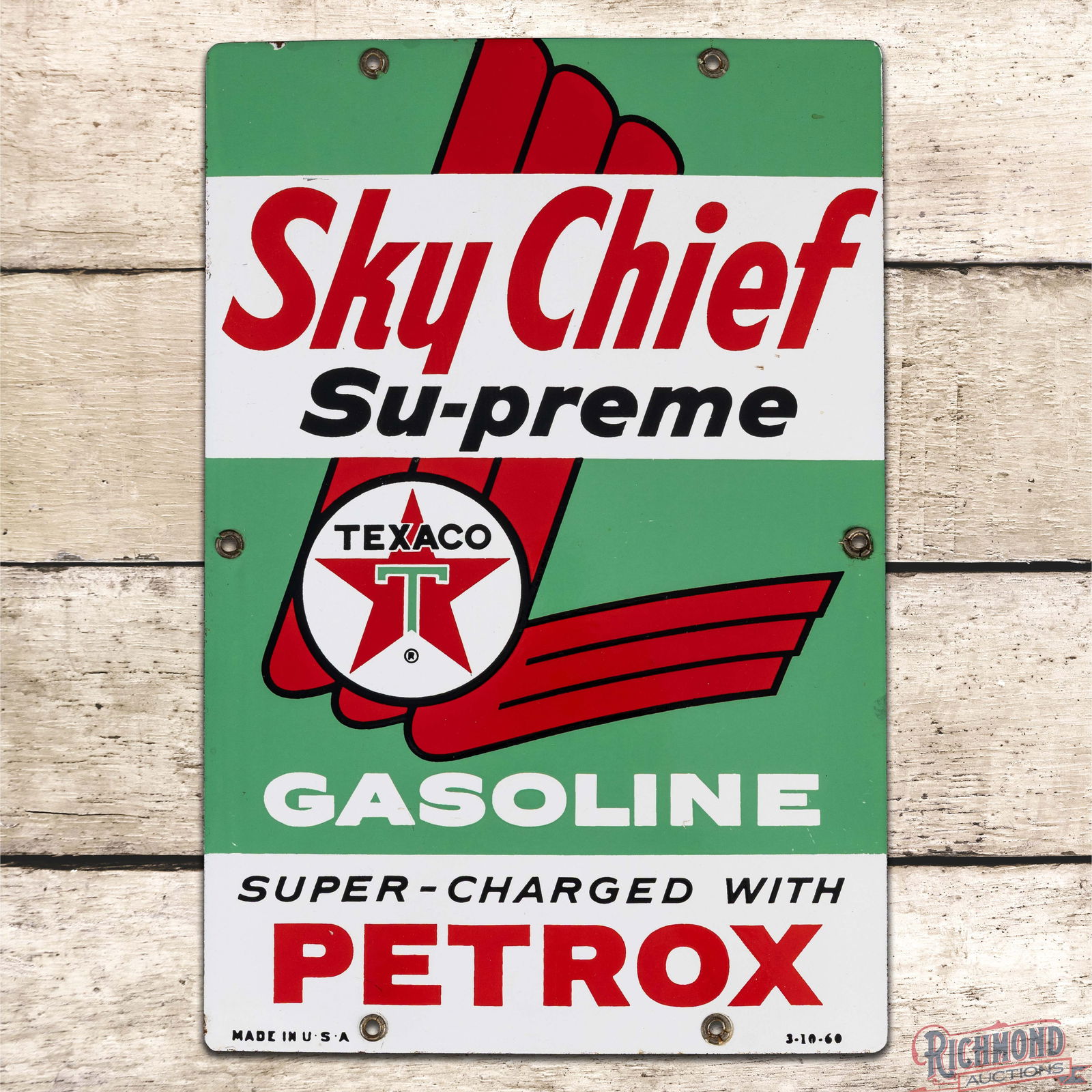 Amazing 1960 Sky Chief Supreme Gasoline Super-Charger Petrox SS Porcelain Pump Plate Sign "Medium" (1 of 3)