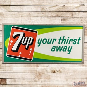 Large 1964 7up Your Thirst Away 8' Emb. Single Sided Tin Sign w/ Wooden Frame