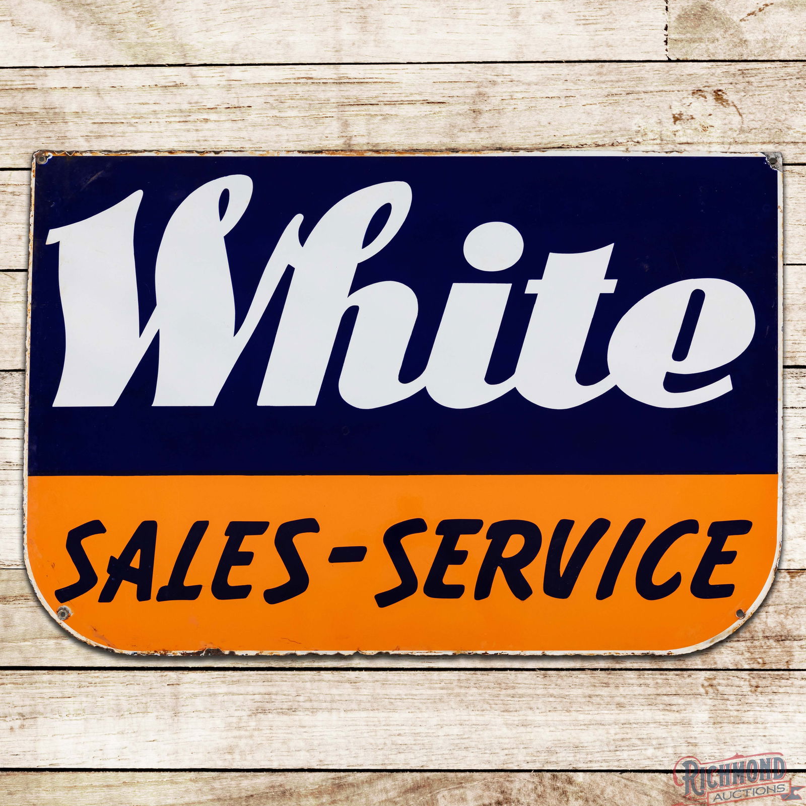 White "Trucks" Sales Service Single Sided Porcelain Sign: SSP (Single Sided Porcelain) sign has excellent color and gloss. The fields have minor surface imperfections with areas of faint cloudiness to the blue porcelain enamel background. The perimeter has s