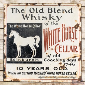 The White Horse Cellar Old Blend Whiskey Lagavulin Distillery Scotland SS Porcelain Sign w/ Logo