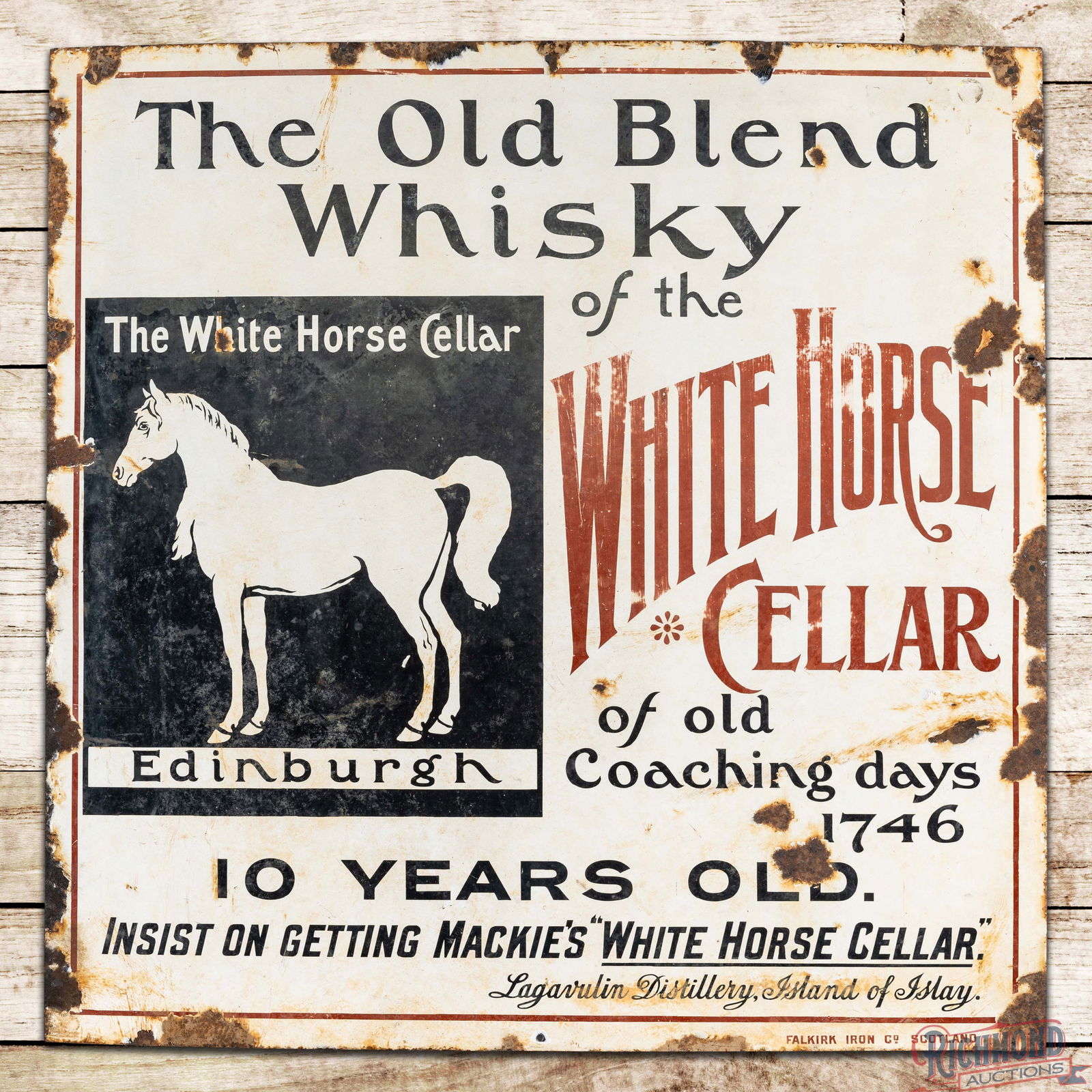 The White Horse Cellar Old Blend Whiskey Lagavulin Distillery Scotland SS Porcelain Sign w/ Logo (1 of 3)