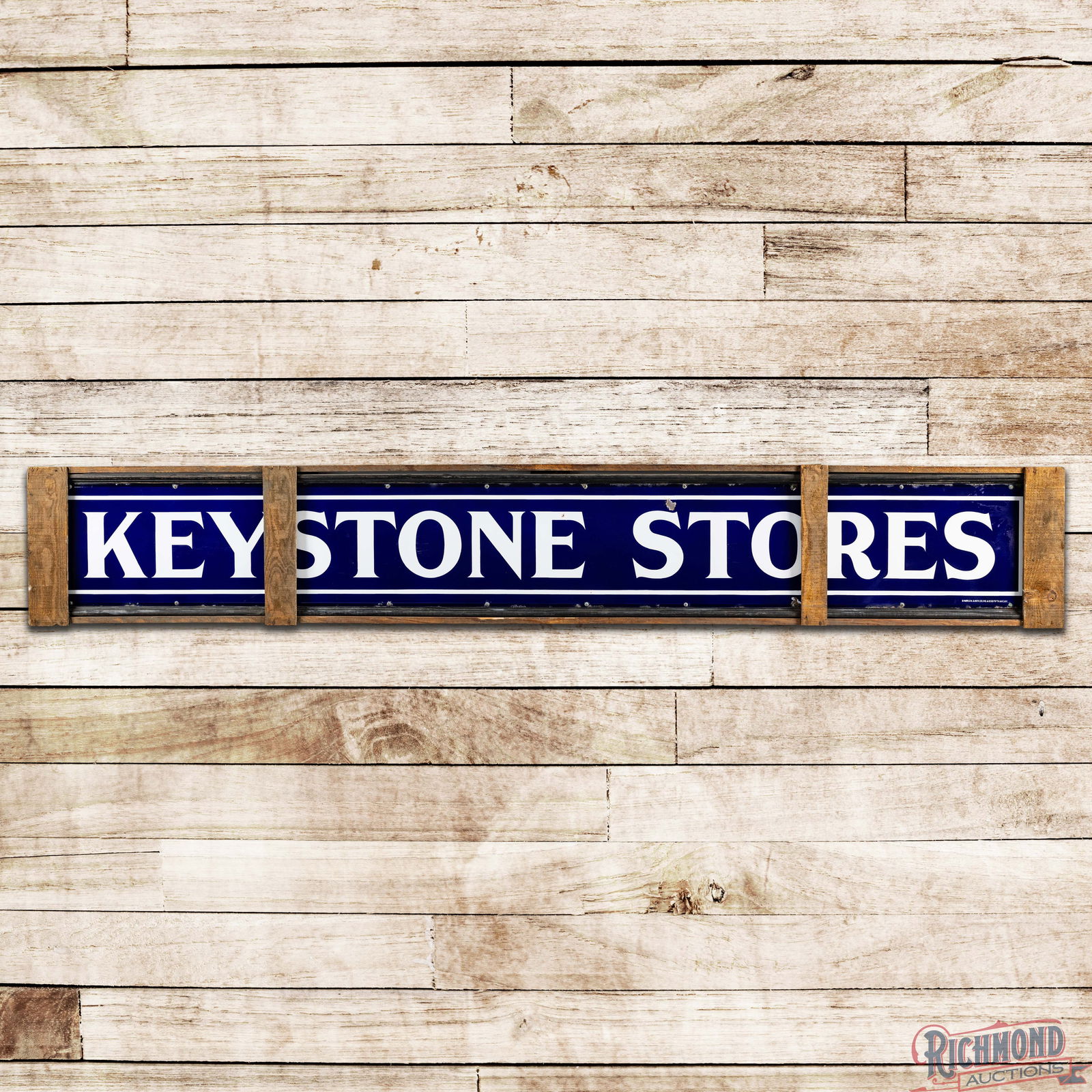 NOS Keystone Stores 10' Single Sided Porcelain Sign w/ Factory Wooden Crate: NOS (New Old Stock) SSP (Single Sided Porcelain) sign with factory wooden frame and the original wooden crate has excellent color and gloss. The field has some surface wear in the lettering with a sma
