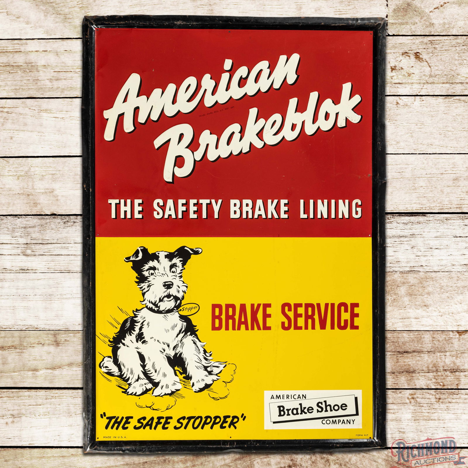 American Brakeblok "The Safety Brake Lining" Emb. Single Sided Tin Sign w/ Stopper (1 of 3)