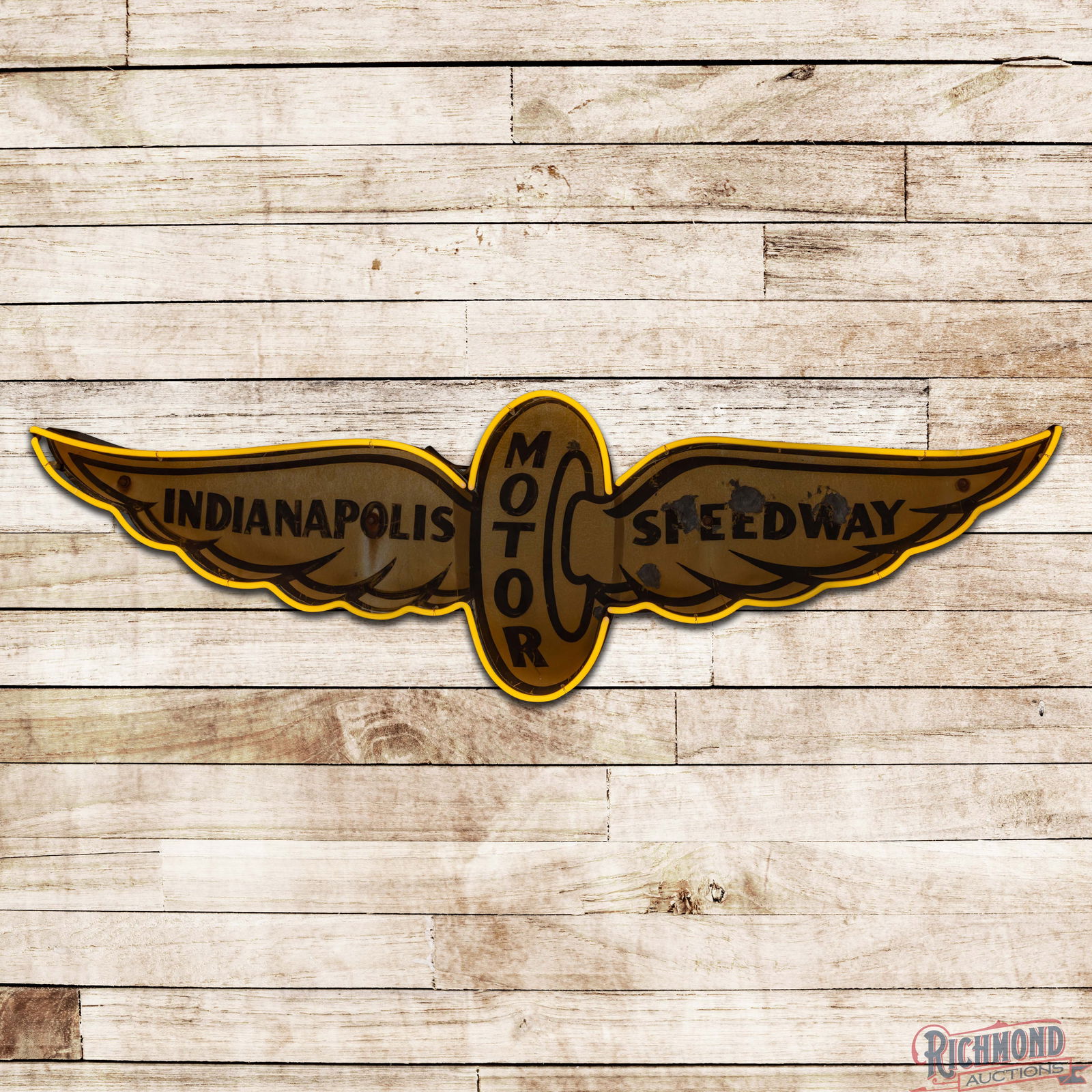 Indianapolis Motor Speedway 6' Die Cut Single Sided Tin Neon Logo Sign: SST (Single Sided Tin) die cut sign with added perimeter neon and a new metal can has good color and shine. The display has toning throughout with areas of surface wear and paint chips which are prima