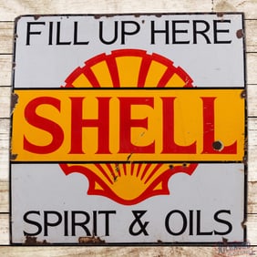 Shell Gasoline Fill Up Here Spirit & Oils Single Sided Porcelain Sign w/ Logo