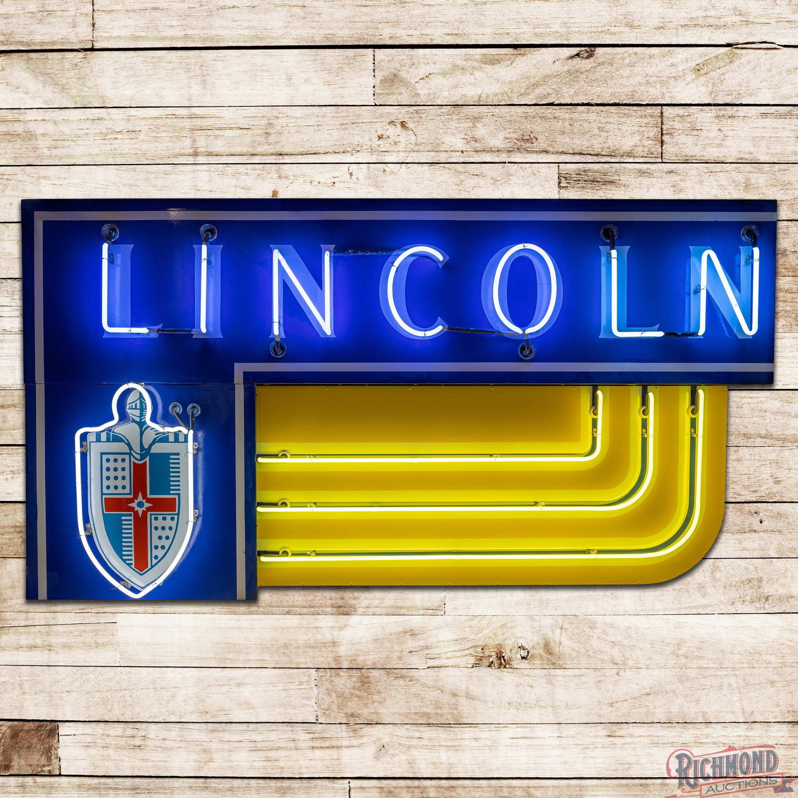 Lincoln Automobiles Die Cut Single Sided Porcelain Sign w/ Knight Logo: SSP (Single Sided Porcelain) multi-piece neon sign with a metal can has excellent color and gloss. The sign features brilliant three-color neon with an added striped accent pane along the lower right