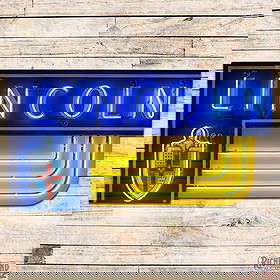 Lincoln Automobiles Die Cut Single Sided Porcelain Sign w/ Knight Logo: SSP (Single Sided Porcelain) multi-piece neon sign with a metal can has excellent color and gloss. The sign features brilliant three-color neon with an added striped accent pane along the lower right