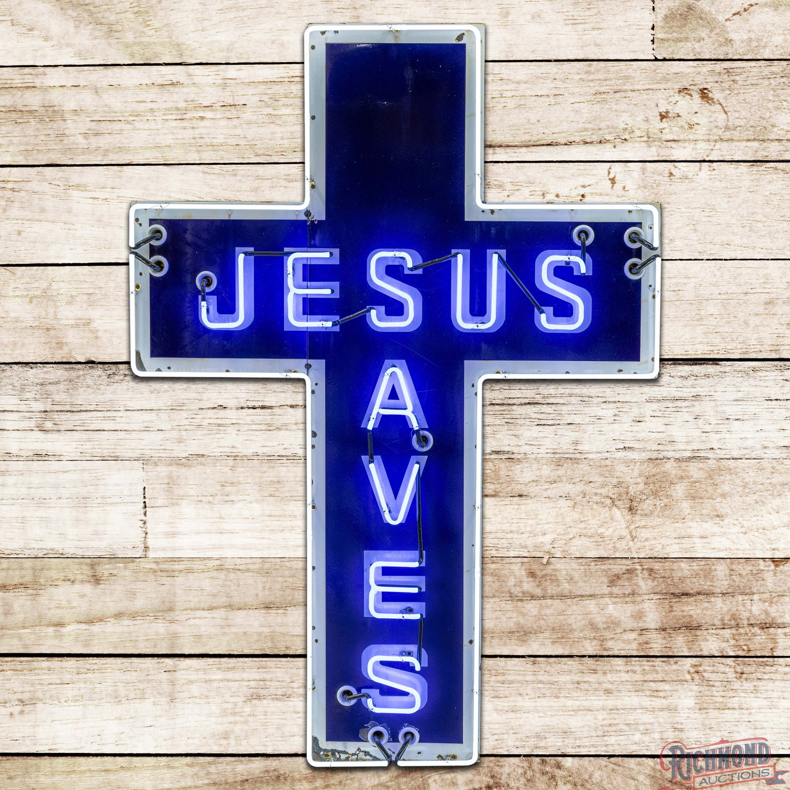 Jesus Saves 6' Die Cut Cross Shaped Single Sided Porcelain Factory Neon Sign: SSP (Single Sided Porcelain) cross shaped die cut factory neon sign with a new metal can has very good color and gloss. The sign features brilliant two-color neon with classic cobalt blue and white po