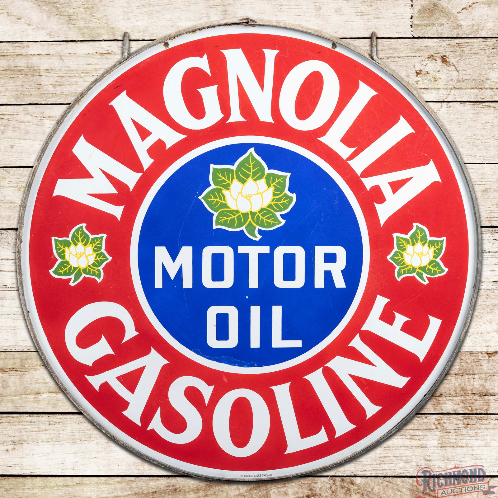 Magnolia Motor Oil Gasoline 42" Double Sided Porcelain w/ Original Ring: DSP (Double Sided Porcelain) sign with factory ring has excellent color and gloss. The sign features heavy shelving with vibrant porcelain enamel colors and detailed flowers in the field and outer
