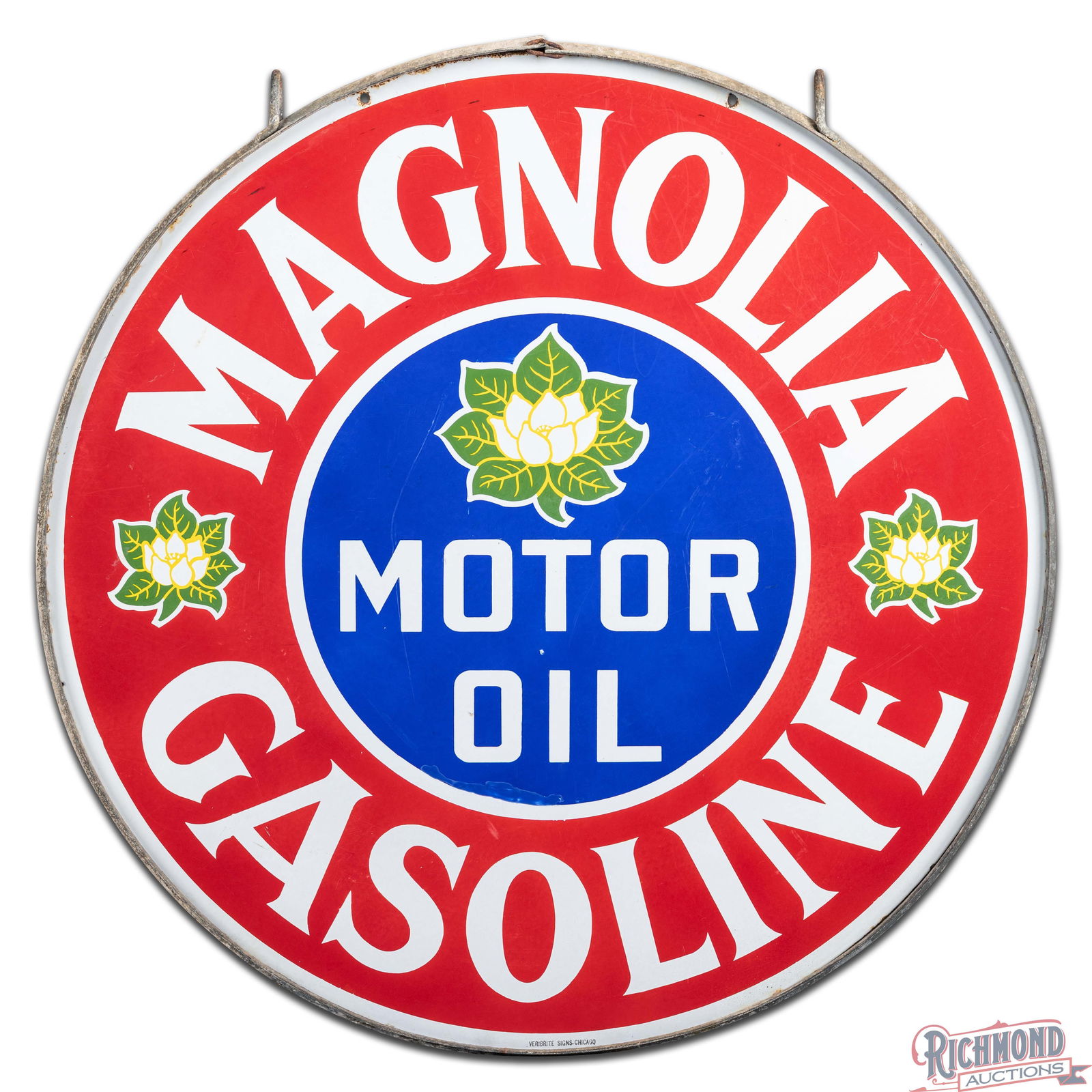 Magnolia Motor Oil Gasoline 42" Double Sided Porcelain w/ Original Ring - 2