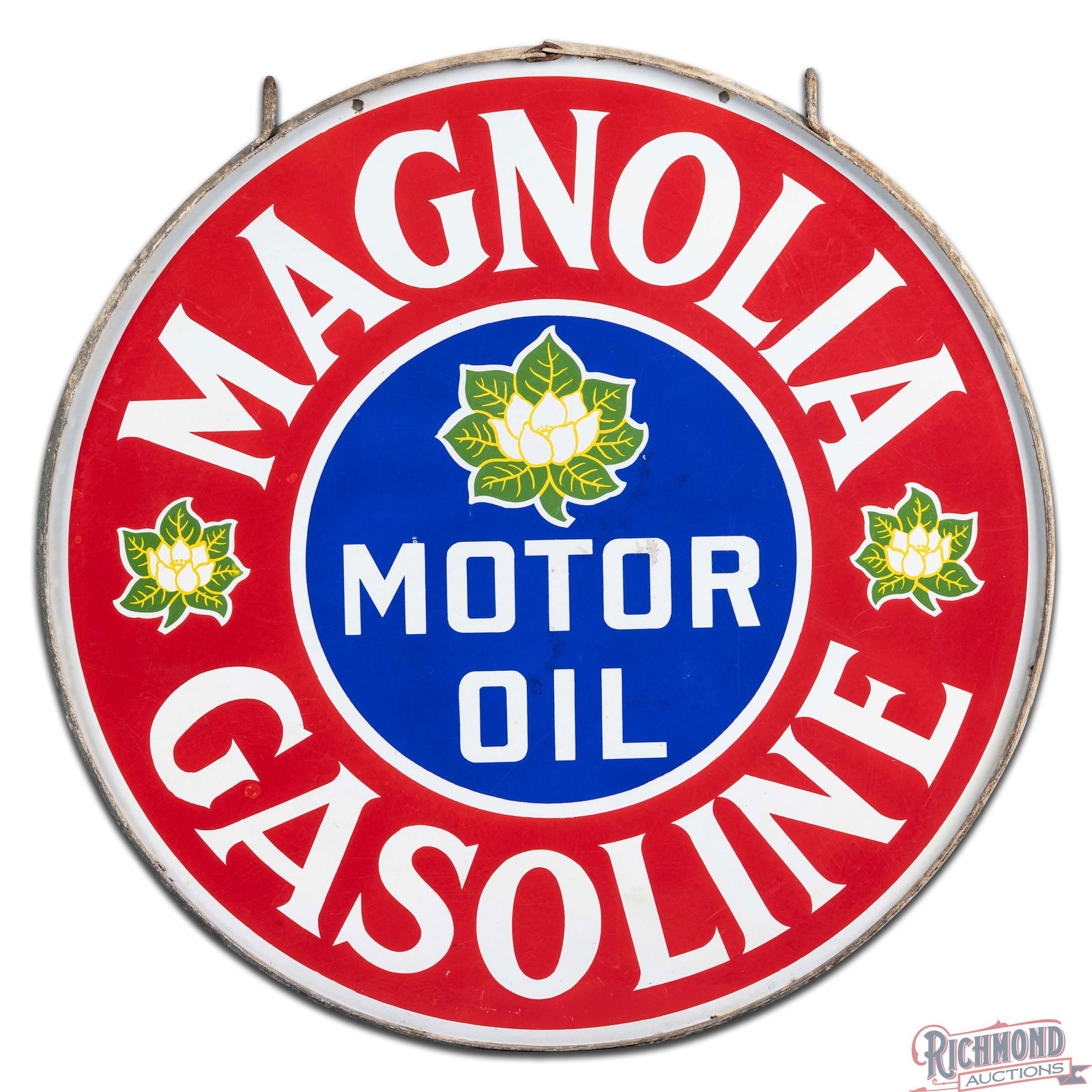 Magnolia Motor Oil Gasoline 42" Double Sided Porcelain w/ Original Ring - 3