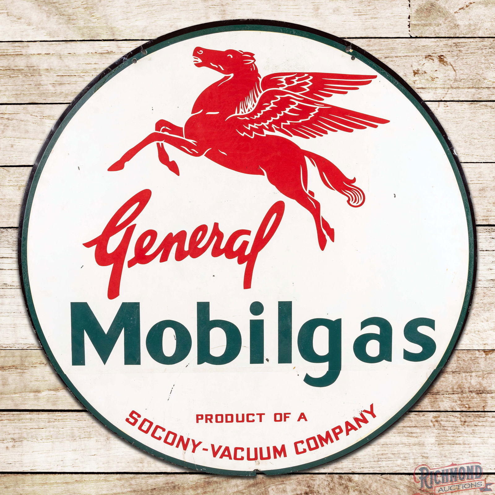 Scarce General Mobilgas "Product of a Socony-Vacuum Company" 42" Double Sided Tin Sign w/ Pegasus: DST (Double Sided Tin) sign has very good color and shine. The sign features a large Pegasus graphic in the upper field with red, green, black and cream painted design. The display has light surface w