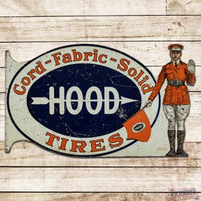 Iconic Hood Tires "Cord Fabric Solid" Die Cut Double Sided Tin Flange Sign w/ Flag Man Logo
