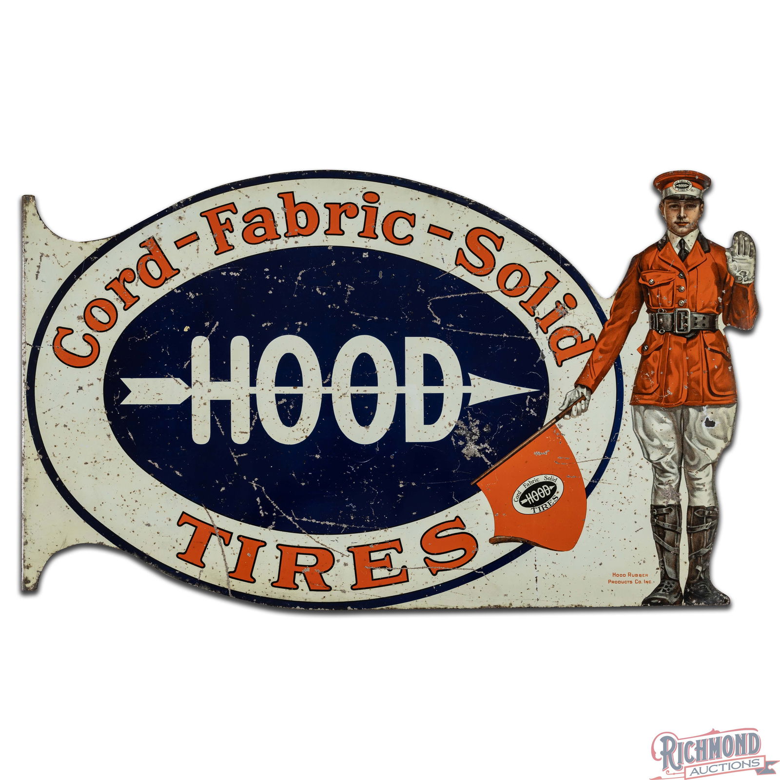Iconic Hood Tires "Cord Fabric Solid" Die Cut Double Sided Tin Flange Sign w/ Flag Man Logo - 2