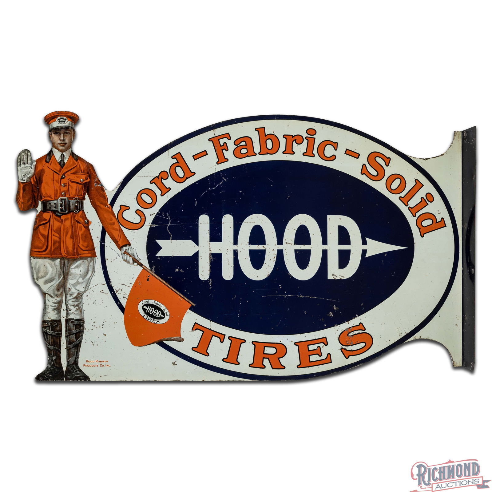 Iconic Hood Tires "Cord Fabric Solid" Die Cut Double Sided Tin Flange Sign w/ Flag Man Logo - 3