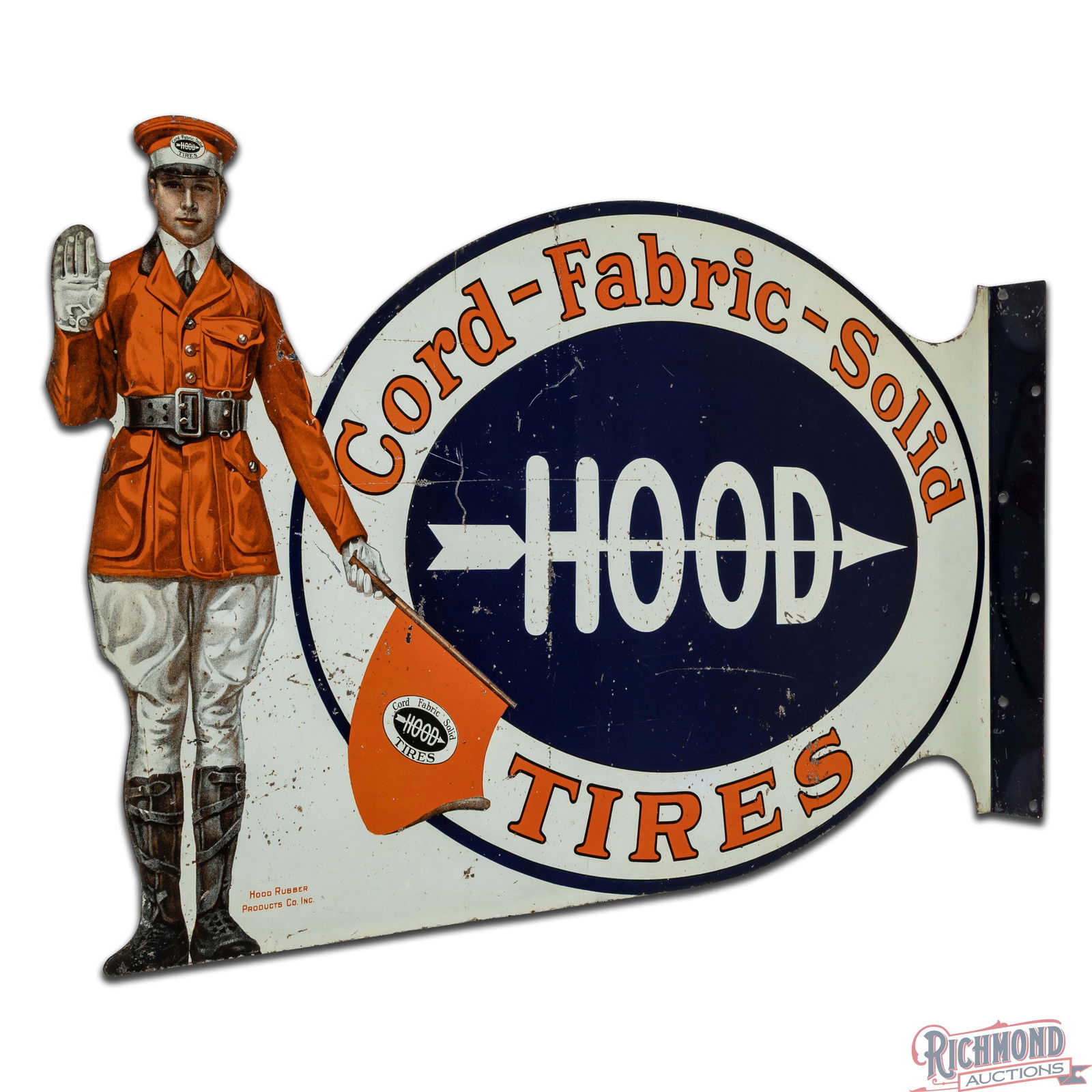 Iconic Hood Tires "Cord Fabric Solid" Die Cut Double Sided Tin Flange Sign w/ Flag Man Logo - 4