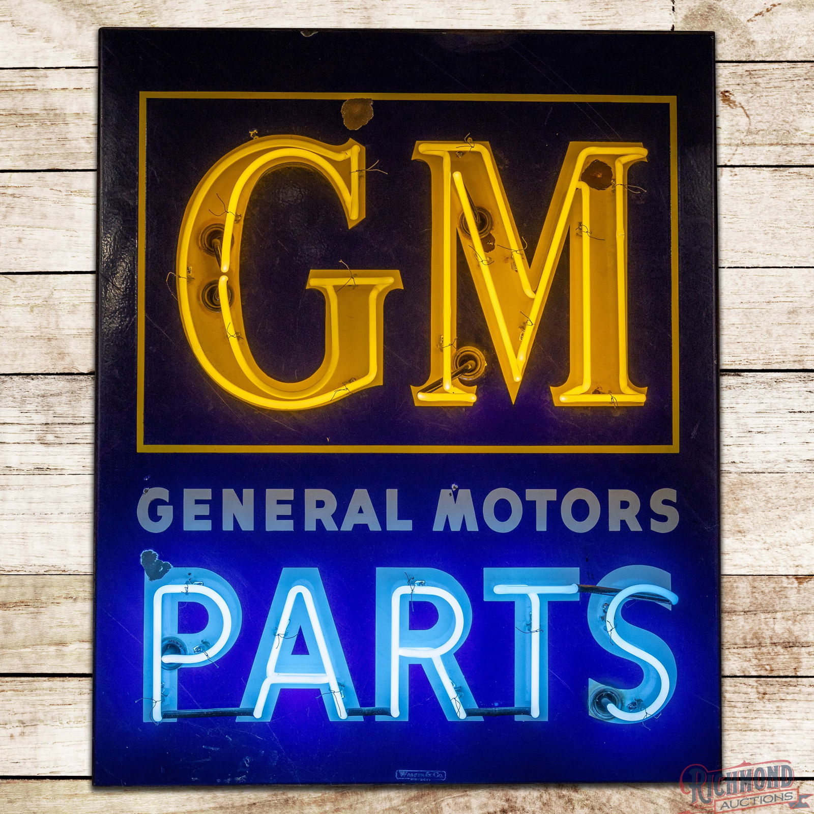 GM General Motors Parts 4' Double Sided Porcelain Factory Neon Sign: DSP (Double Sided Porcelain) factory neon sign with the original metal can has very good color and gloss. Side #1 has a chip in the field with areas of discoloration in the lettering with oxidation at