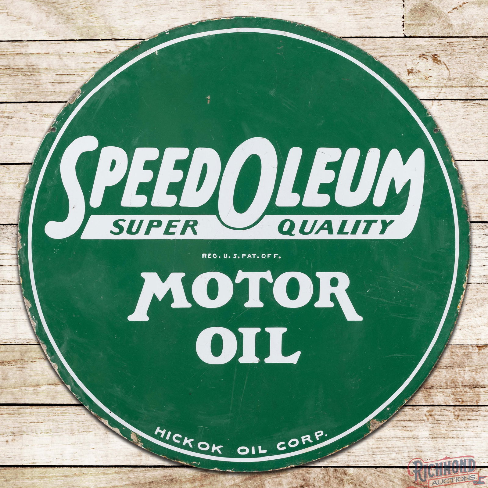Speedoleum Super Quality Motor Oil Hickok Oil Corp. 30" Double Sided Porcelain Sign: Scarce DSP (Double Sided Porcelain) sign has excellent color and gloss. The display has fine scratches with light wear and tiny chips in the left outer fields. The perimeter has chips along the outer